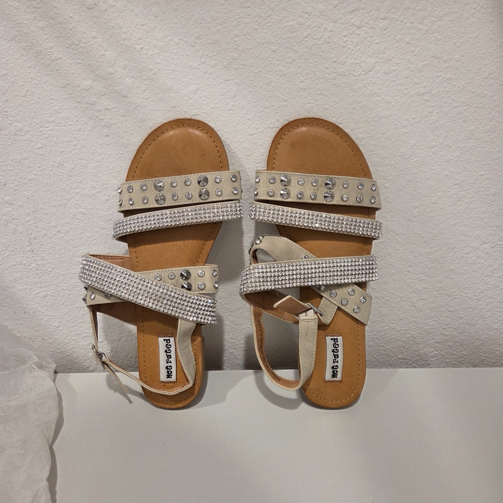 Not Rated Tan Women's Sandals With Silver Studs And Rhinestones Size 8
